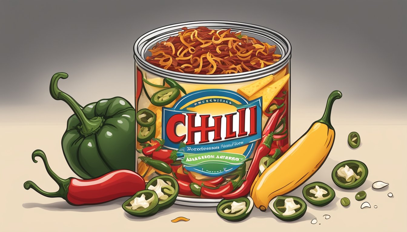 A can of chili surrounded by various toppings like shredded cheese, diced onions, sliced jalapenos, and sour cream