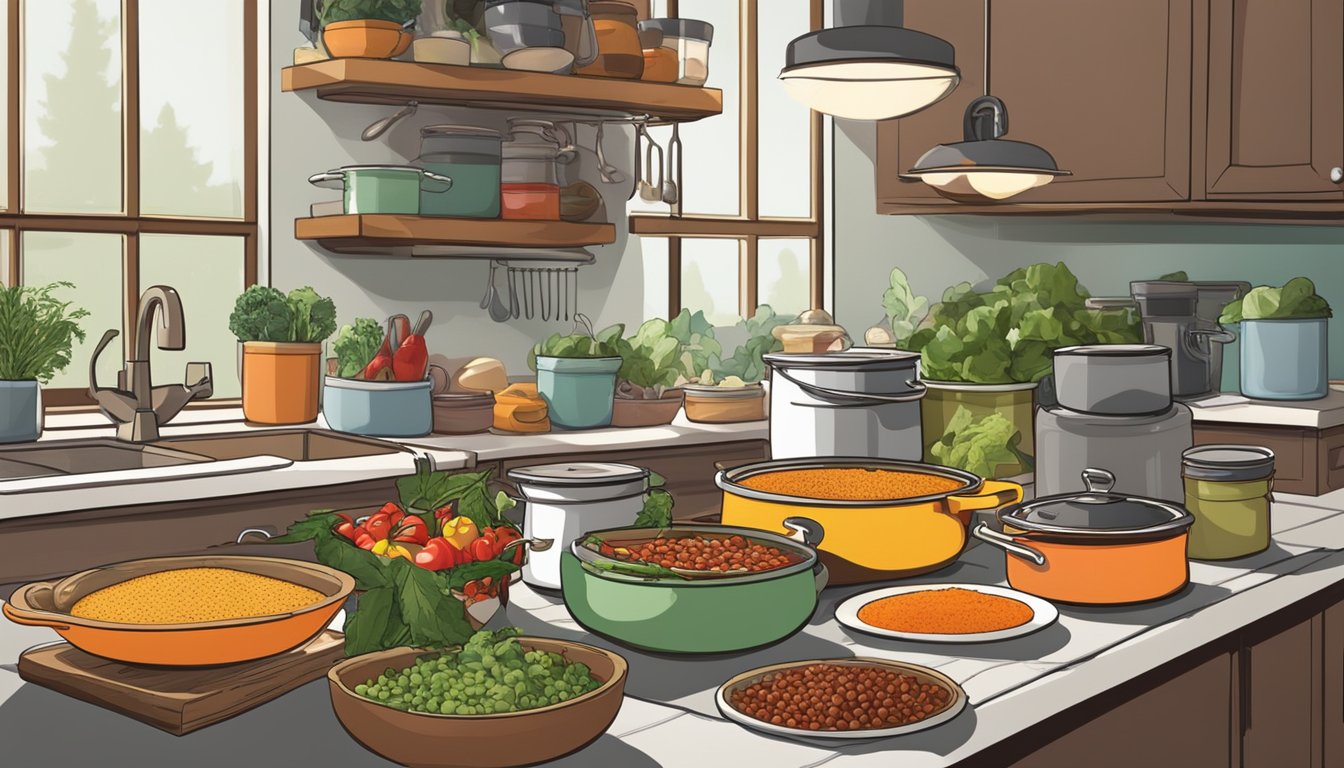 A cozy kitchen with simmering pots, fresh produce, and an array of spices, alongside neatly arranged cans of chili and various toppings