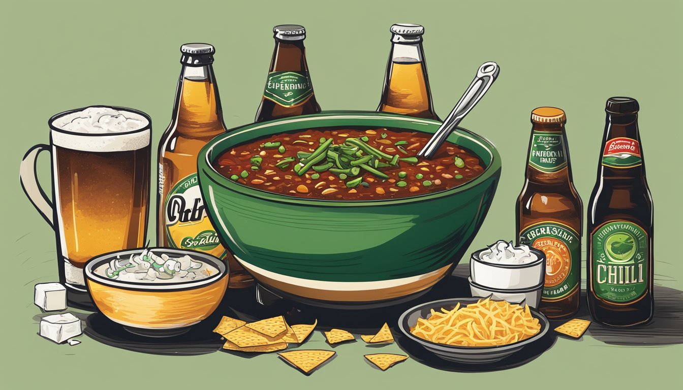 A steaming bowl of chili sits next to a selection of beverages, including beer, soda, and water. Toppings like shredded cheese, sour cream, and green onions are arranged nearby