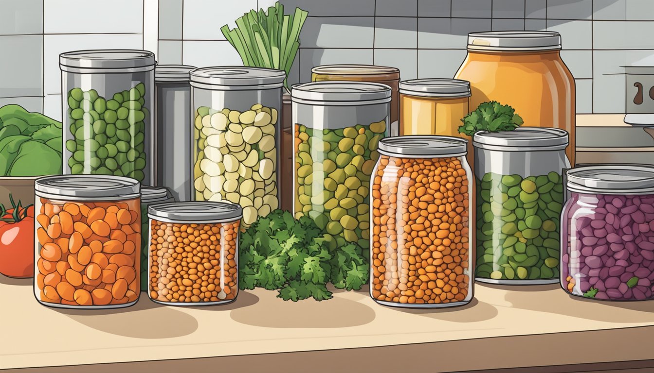 A colorful array of canned lentils, tomatoes, and vegetables arranged on a kitchen counter, ready to be used in meatless recipes