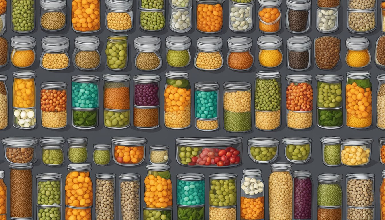 A colorful array of canned lentils, fresh vegetables, and aromatic spices arranged on a kitchen counter