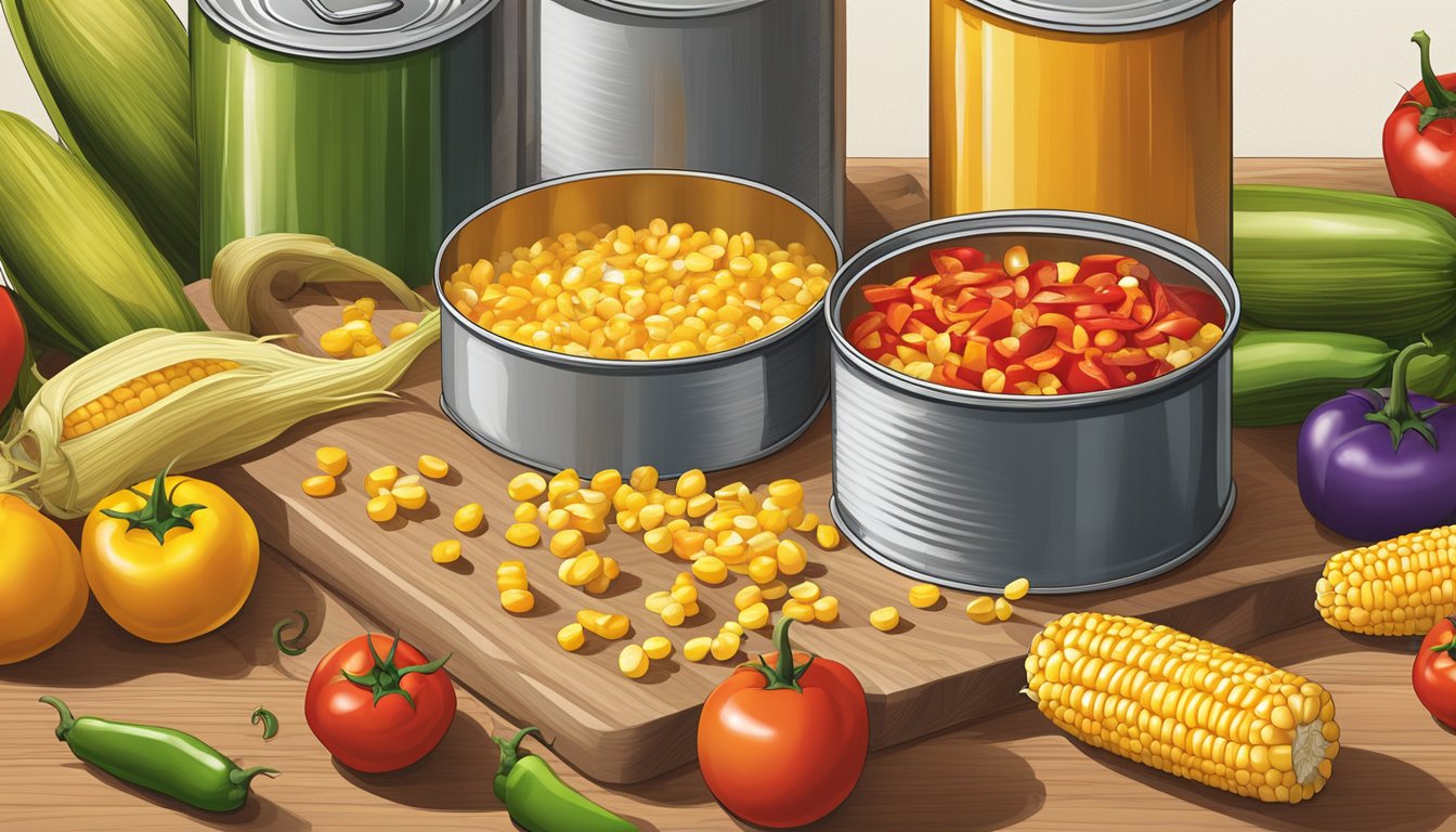 A colorful array of canned corn, tomatoes, and peppers spills out of an open can onto a cutting board, ready to be used in a variety of recipes