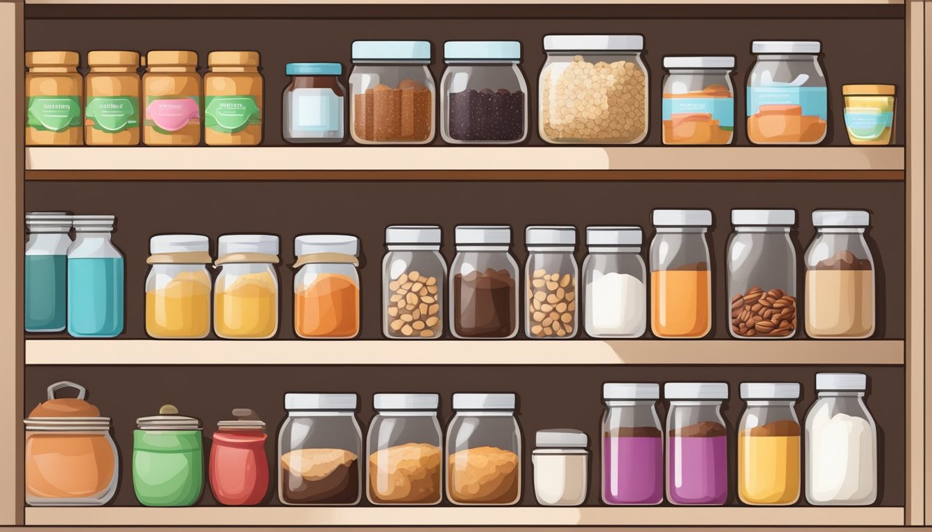 A well-stocked pantry with shelves of ingredients for no-bake desserts, including nuts, dried fruits, chocolate, and assorted sweeteners