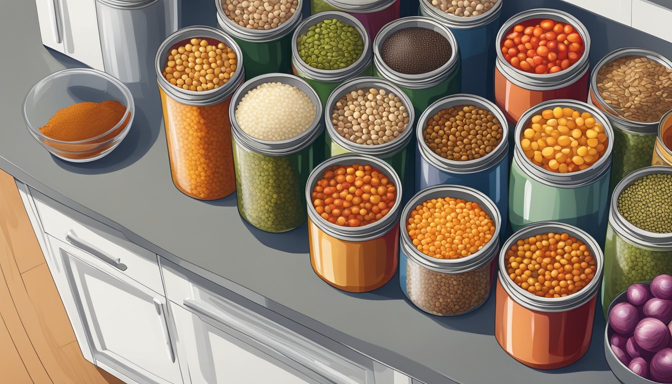 A colorful array of canned lentils, tomatoes, onions, and spices arranged on a kitchen counter