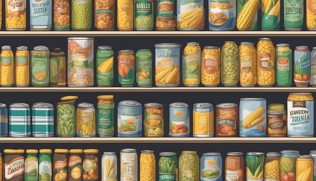 A hand reaching for a can of corn on a pantry shelf, surrounded by other canned goods