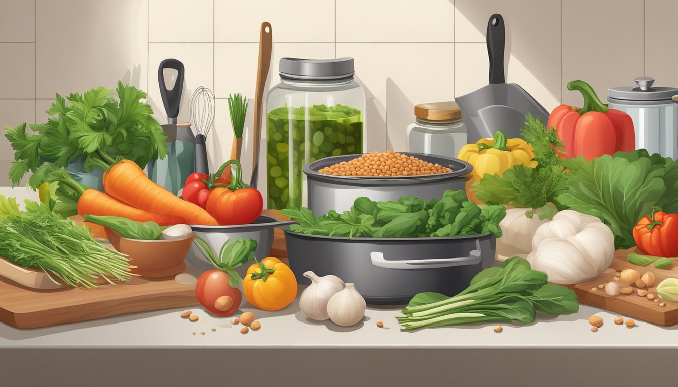 A colorful array of fresh vegetables and herbs surround open cans of lentils, a cutting board, and various kitchen utensils on a clean countertop