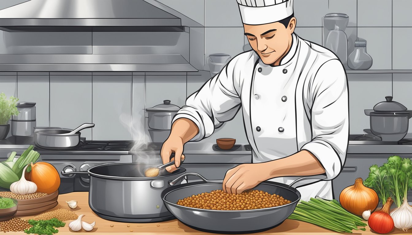 A chef sautéing onions and garlic in a pan, adding canned lentils, and seasoning with herbs and spices