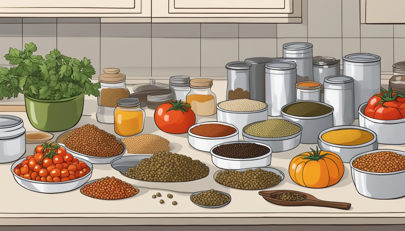 A colorful array of canned lentils, tomatoes, and spices arranged on a kitchen counter, with a cookbook open to classic recipes