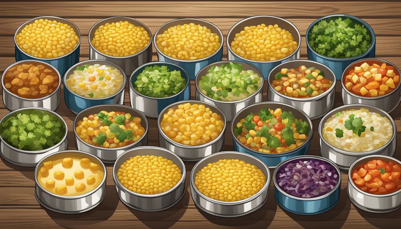 A colorful array of canned corn dishes, including casseroles, salads, and soups, arranged on a rustic wooden table