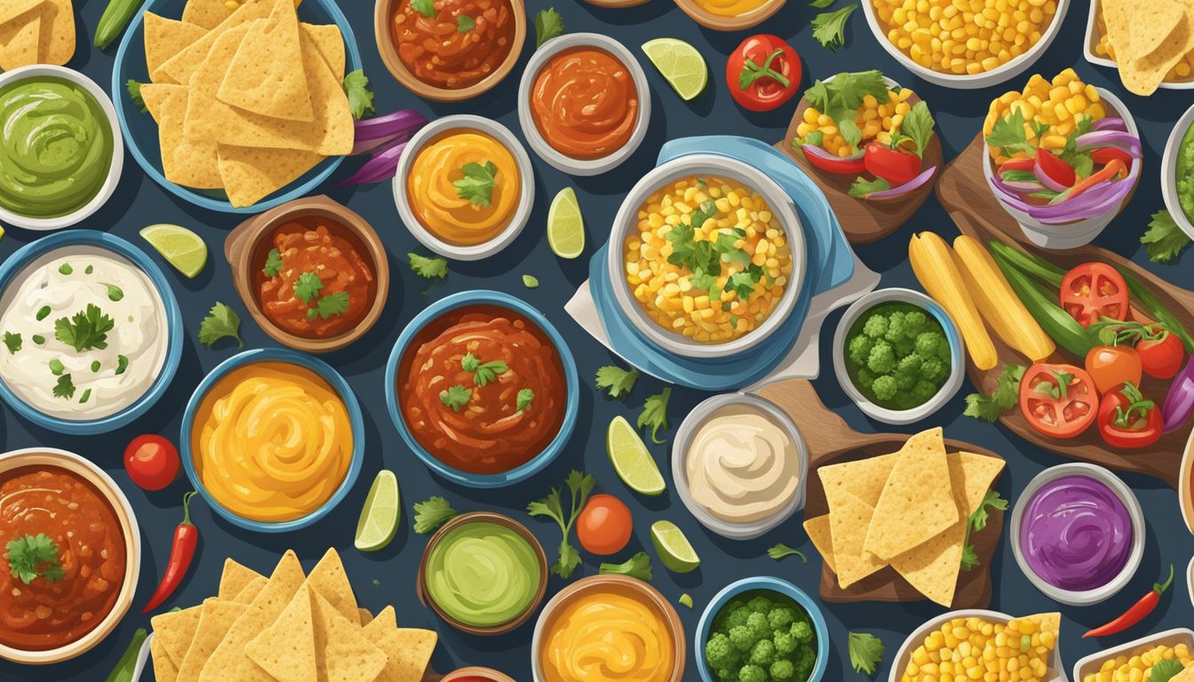 A colorful array of bowls filled with various dips and salsas, each featuring canned corn as a key ingredient, surrounded by tortilla chips and fresh vegetables