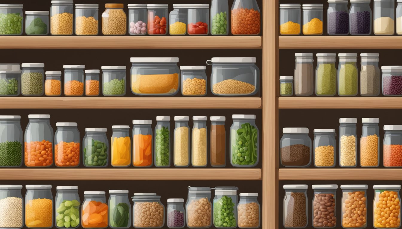 A well-stocked pantry with an array of colorful and fresh vegetables, grains, legumes, herbs, and spices neatly organized on shelves and in baskets