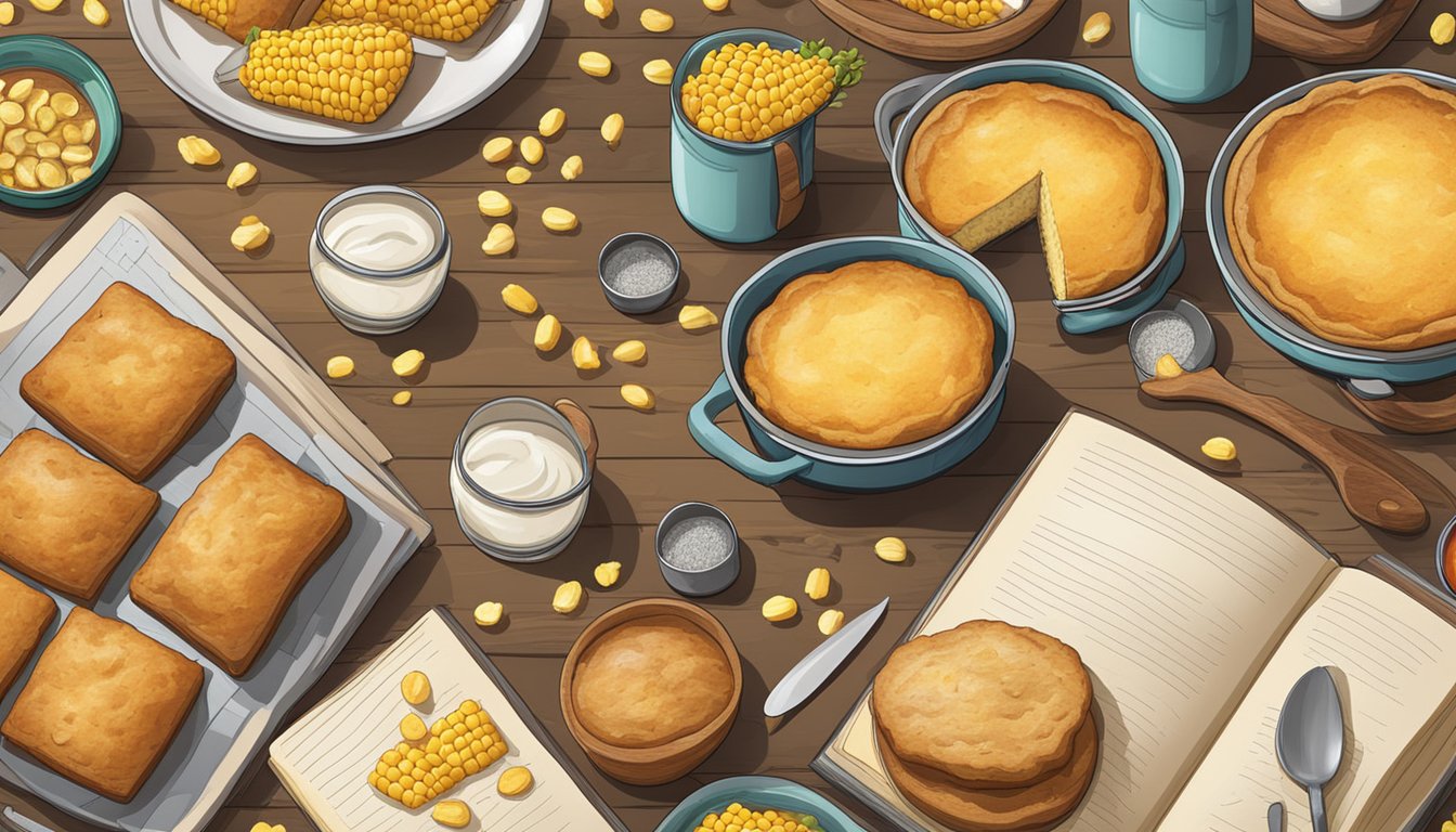 A rustic kitchen table filled with various baked goods and gratins, surrounded by cans of corn and recipe books