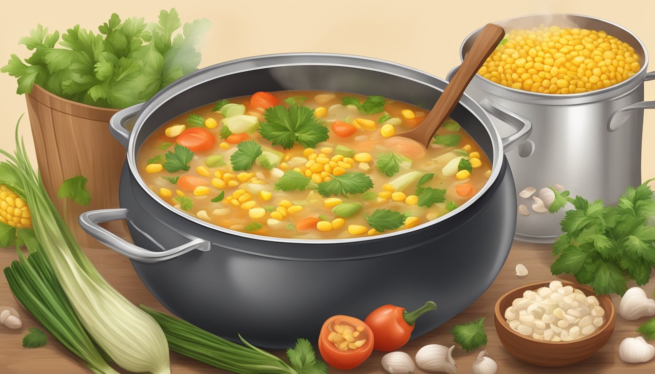 A steaming pot of hearty soup with chunks of canned corn, surrounded by fresh vegetables and herbs