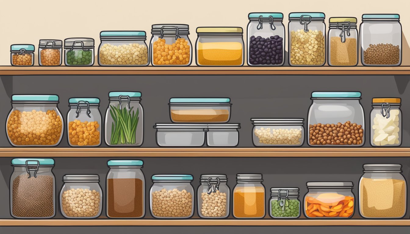 A neatly organized pantry shelf stocked with colorful jars of grains, beans, and dried fruits, alongside containers of prepped vegetables and tofu