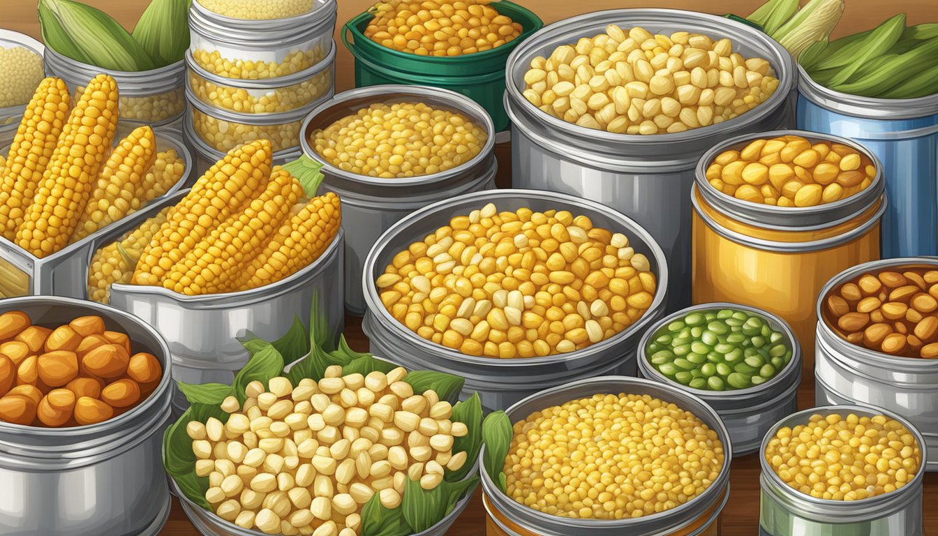 A colorful array of canned corn, fresh corn cobs, and various corn-based ingredients arranged on a kitchen countertop