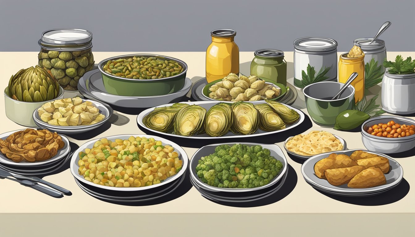 A table spread with an assortment of canned artichoke appetizers and entrees, surrounded by colorful plates and utensils