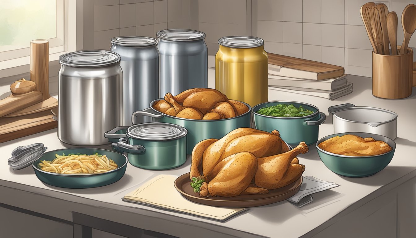 A kitchen counter with neatly organized cans of chicken, alongside various cooking utensils and a recipe book