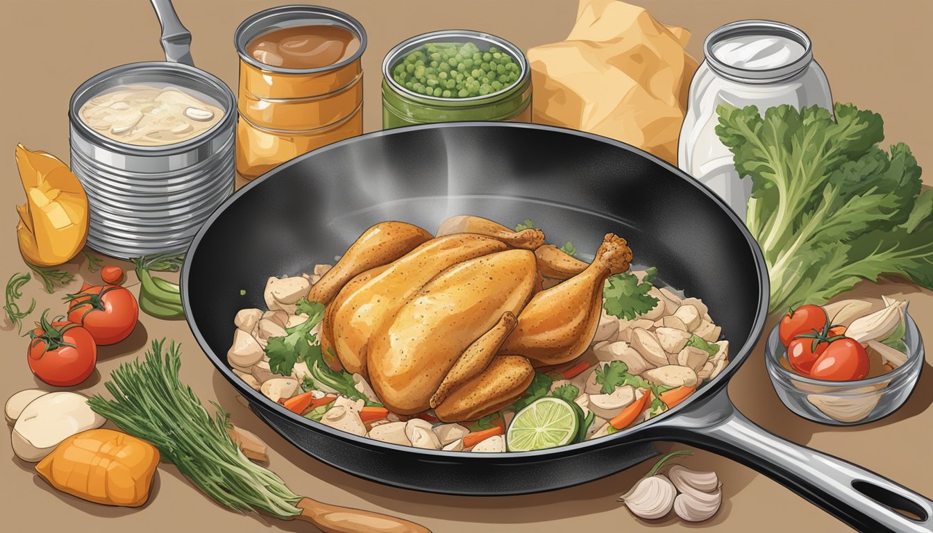 A can of chicken being opened and emptied into a skillet with various ingredients nearby for quick dinner preparation