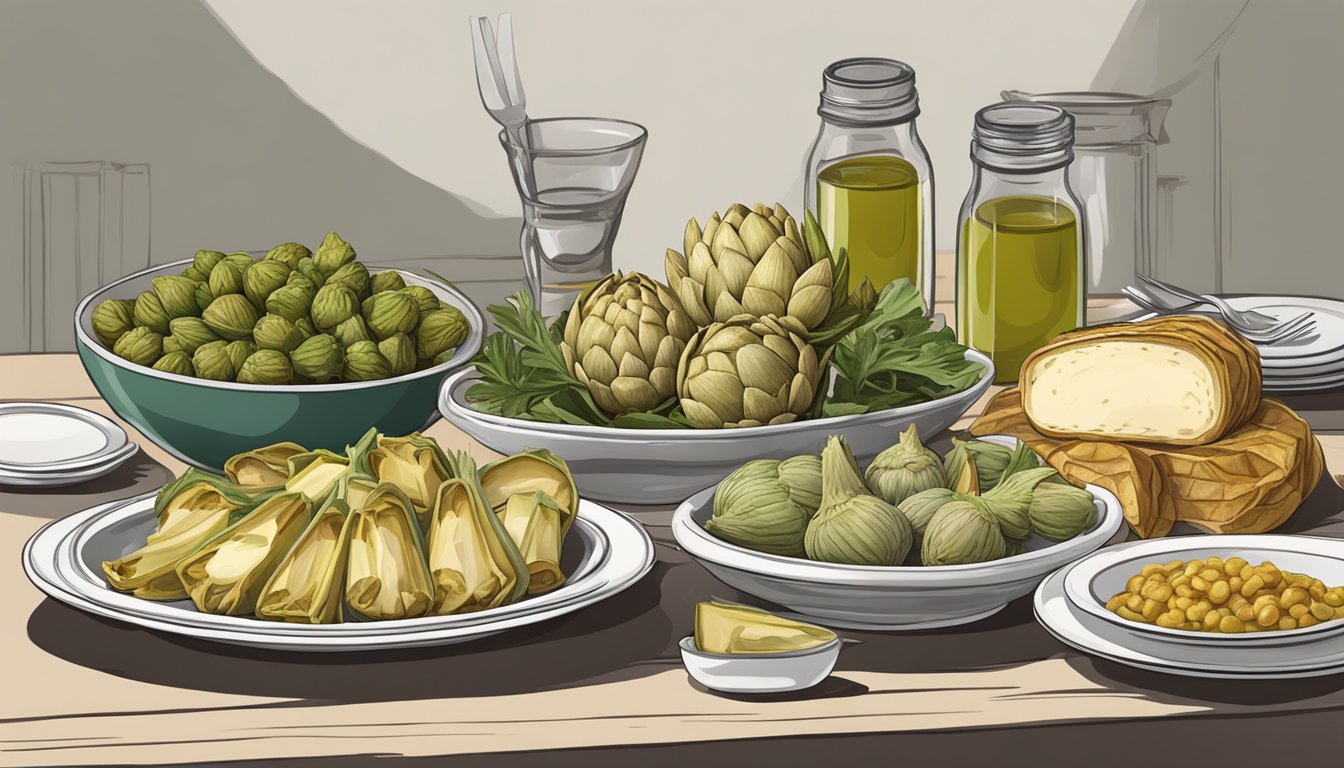 A table set with various appetizers and entrees featuring canned artichokes as the main ingredient