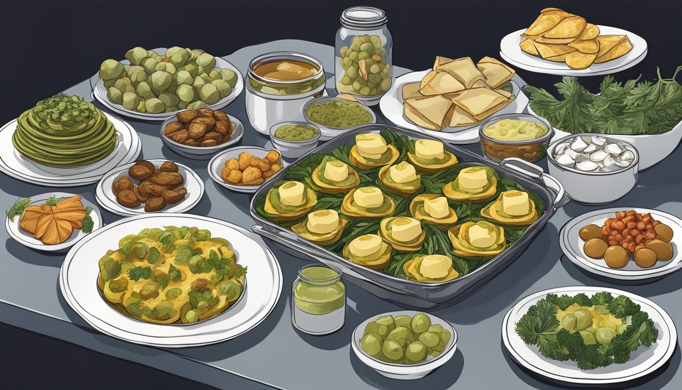 A table set with a variety of appetizers and entrees made with canned artichokes, showcasing healthy options