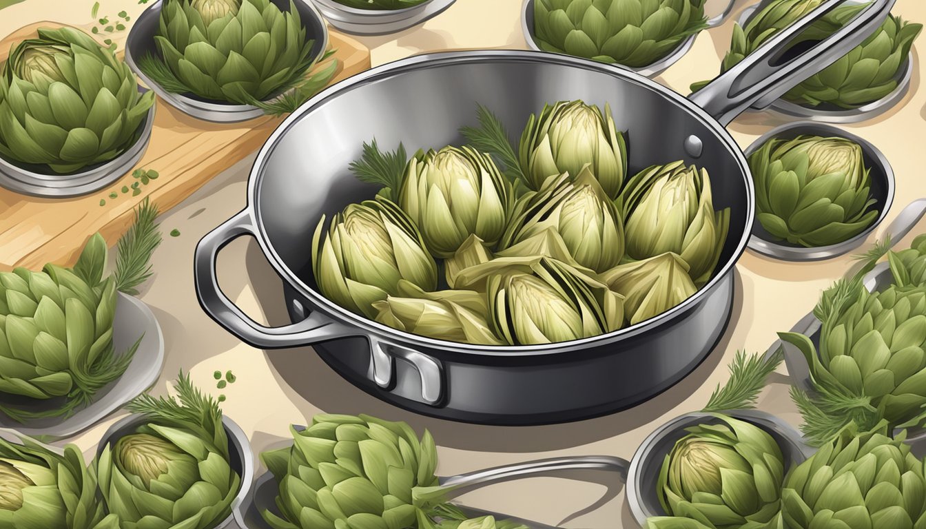 A chef sautés canned artichokes in a sizzling pan, adding herbs and seasoning for appetizers and entrees