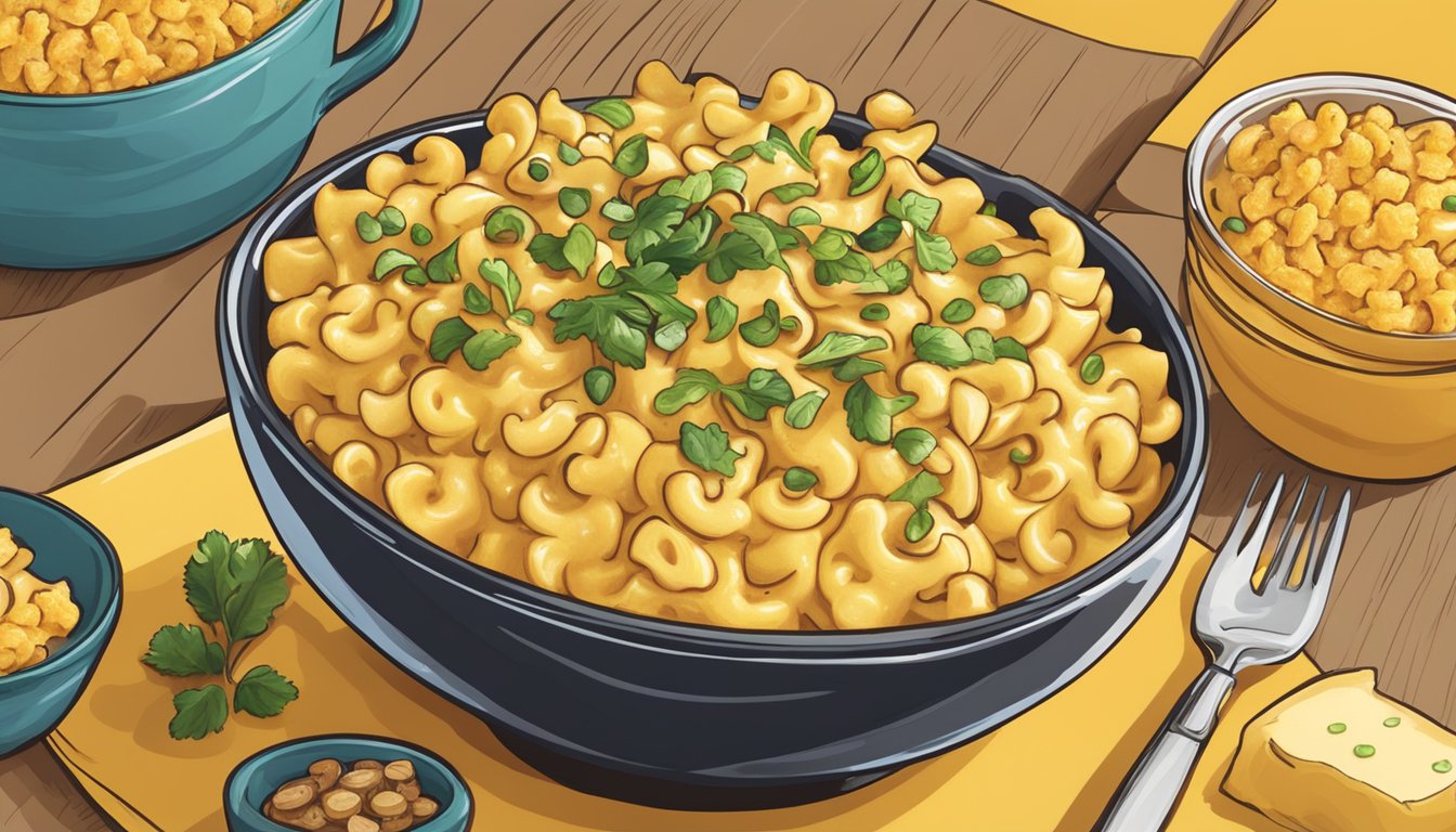 A bowl of mac and cheese with added protein toppings