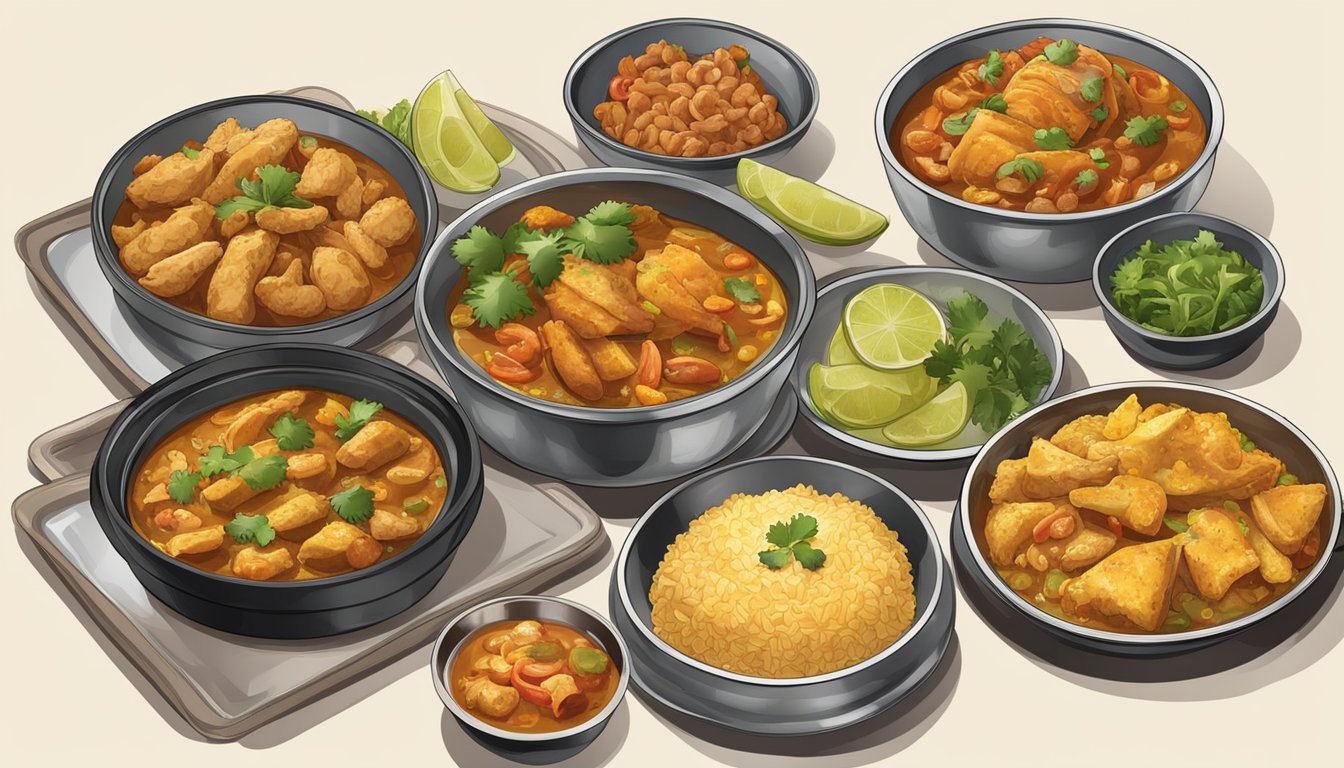 A table set with various canned chicken dishes from around the world, including chicken curry, chicken tacos, and chicken stir-fry