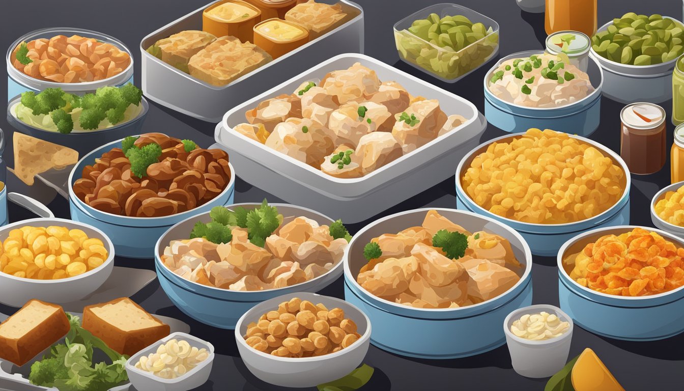 A variety of canned chicken dishes arranged on a table, surrounded by colorful appetizers and snacks