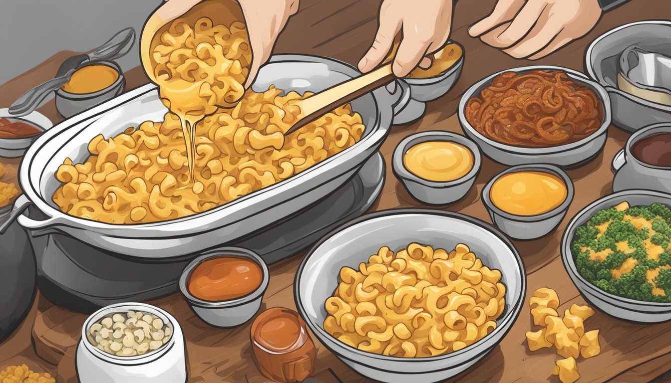 A hand pouring a variety of sauces and spices onto a bowl of boxed mac and cheese, adding a personalized touch to the meal