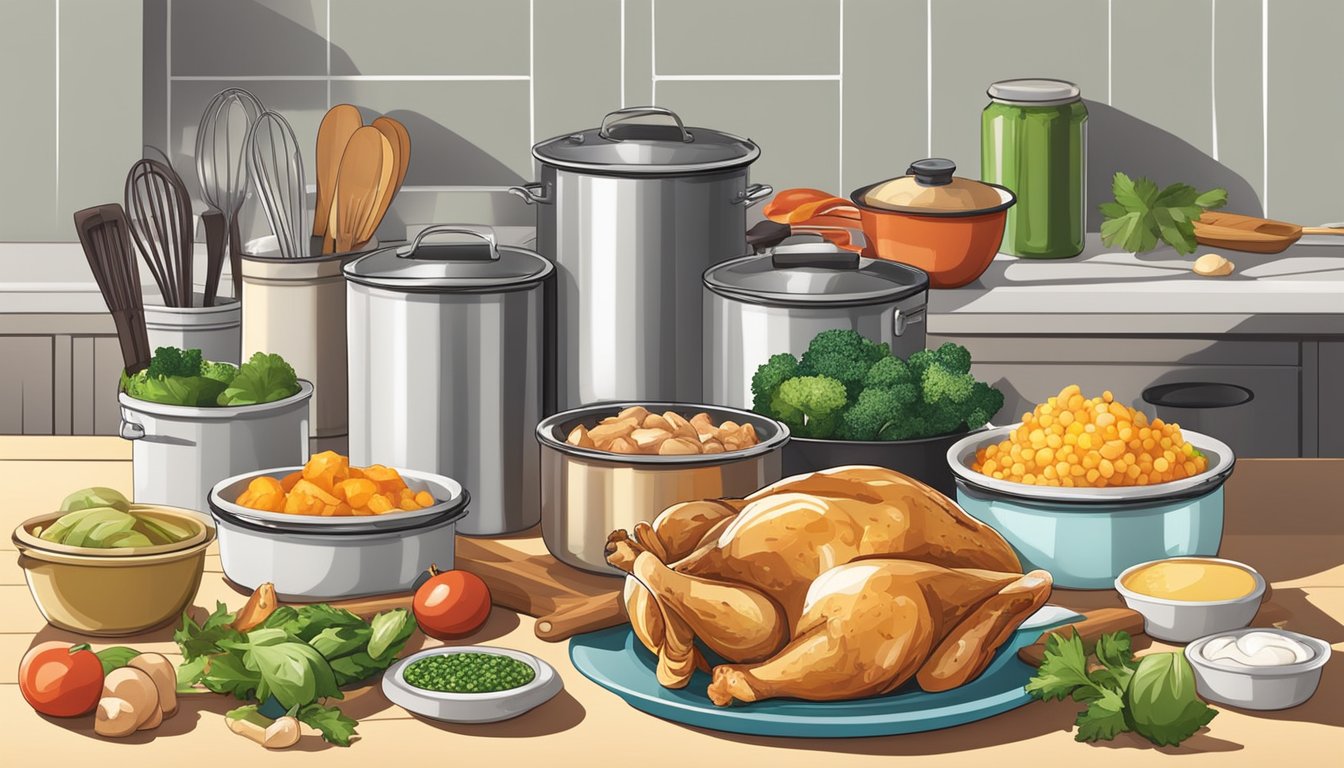 A kitchen counter with open cans of chicken, surrounded by various ingredients and cooking utensils, ready to be used for preparing quick and healthy dinners