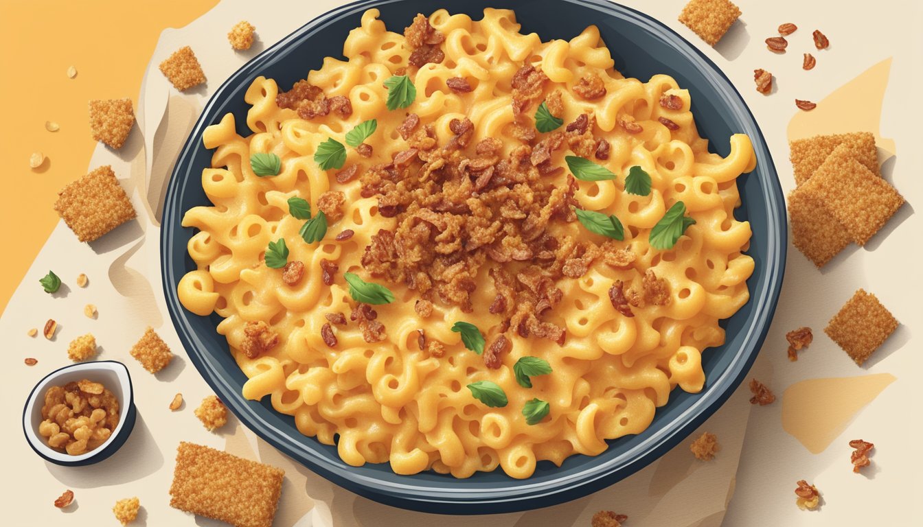 A bowl of mac and cheese with a variety of crunchy toppings scattered on top, such as bacon bits, breadcrumbs, and fried onions