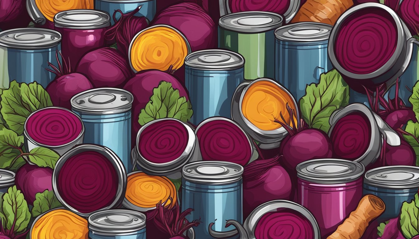 A colorful array of canned beets, surrounded by various ingredients and utensils, ready to be used in a variety of recipes for every meal