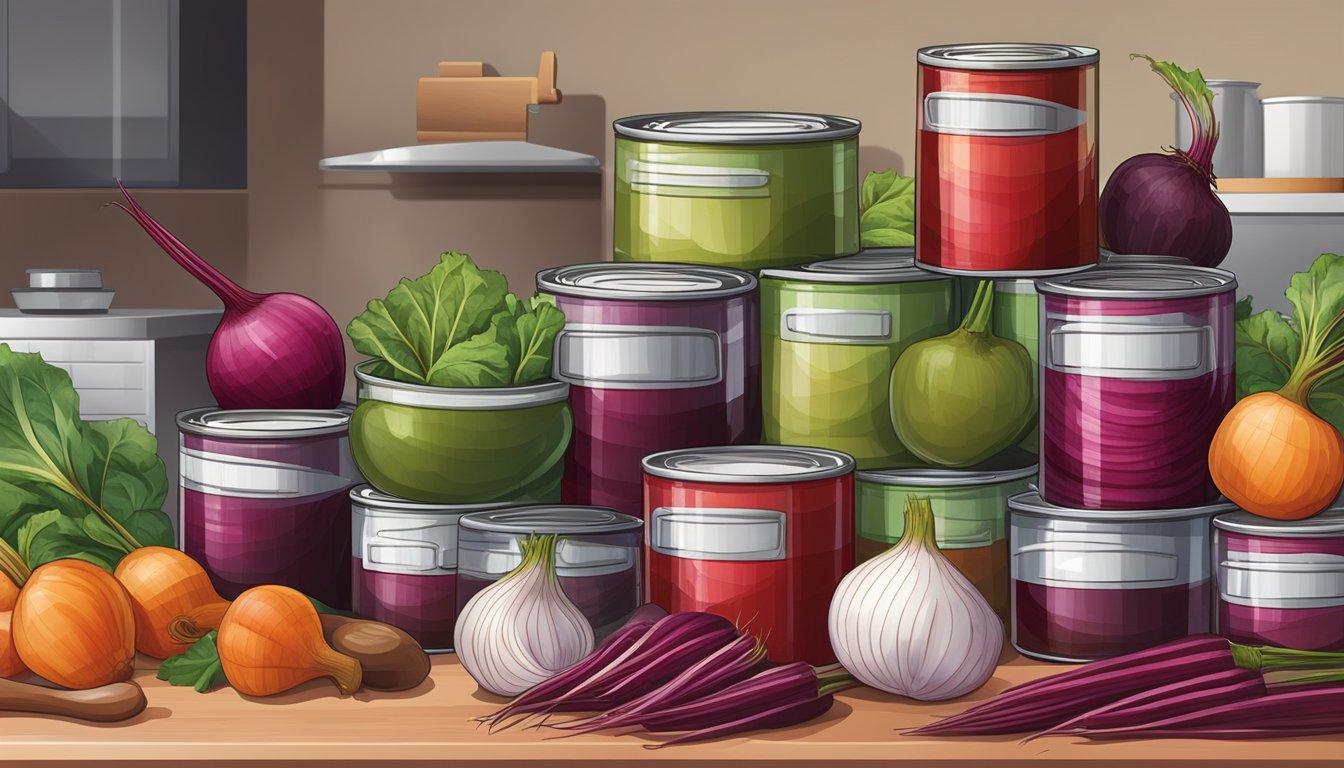 A variety of canned beets arranged on a kitchen counter, alongside ingredients and cooking utensils, ready for use in different recipes