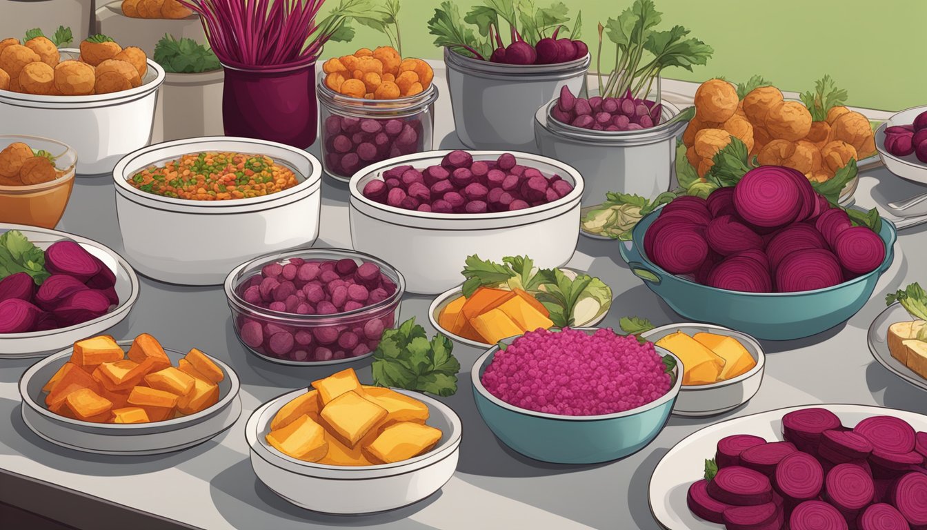 A table filled with various types of appetizers, all infused with the vibrant color of beets. From savory to sweet, the dishes showcase the versatility of canned beets in every meal