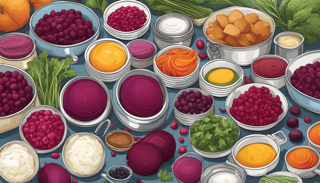 A colorful array of dishes featuring canned beets, from breakfast to dinner, spread out on a table with vibrant ingredients and utensils