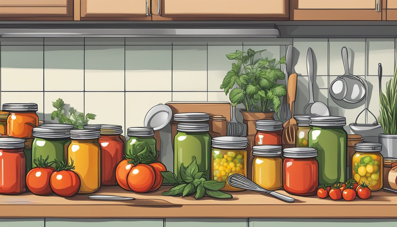 A colorful array of canned tomatoes, herbs, and cooking utensils on a kitchen counter