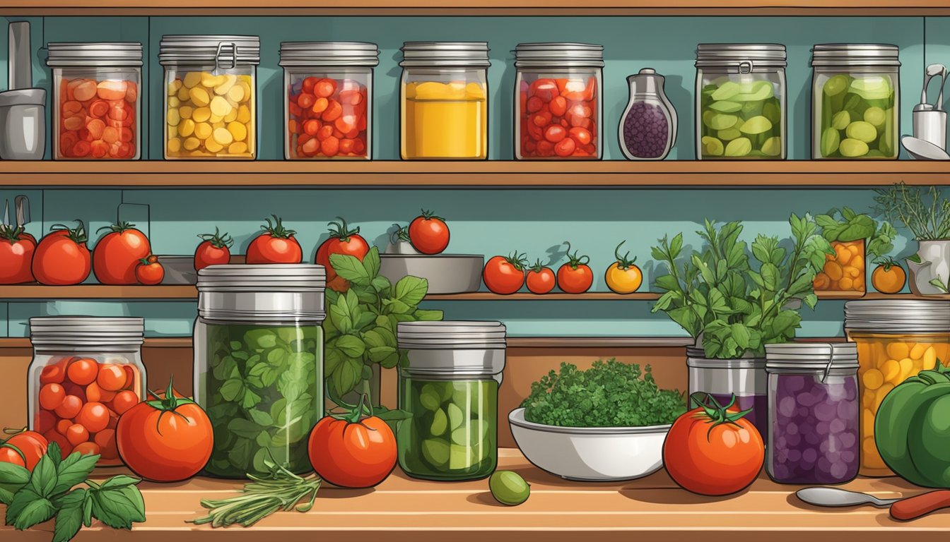 A colorful array of canned tomatoes, fresh herbs, and various cooking utensils arranged on a kitchen counter