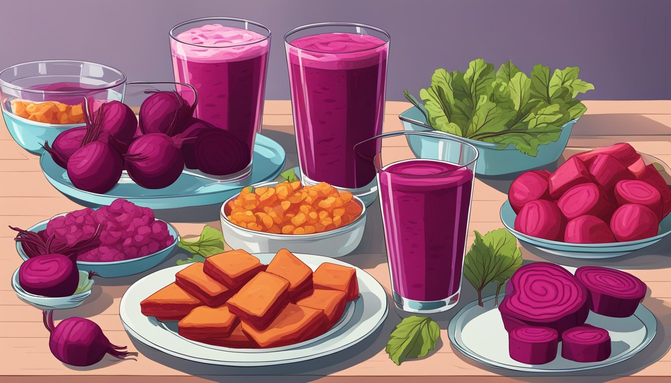 A colorful array of beet snacks and drinks arranged on a table, with various dishes and glasses showcasing the versatility of canned beets in recipes for every meal