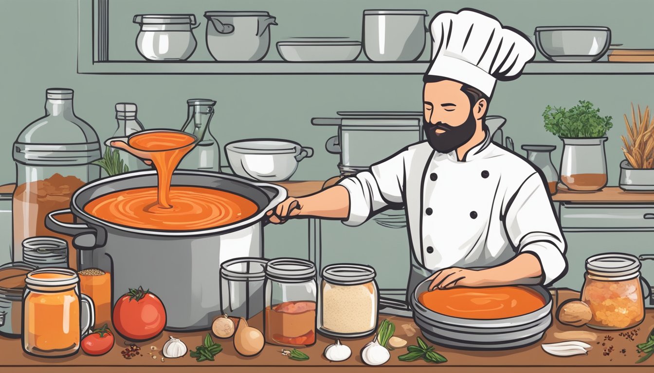 A chef blending fresh ingredients into a pot of simmering canned tomato soup, surrounded by a variety of traditional recipe ingredients and spices