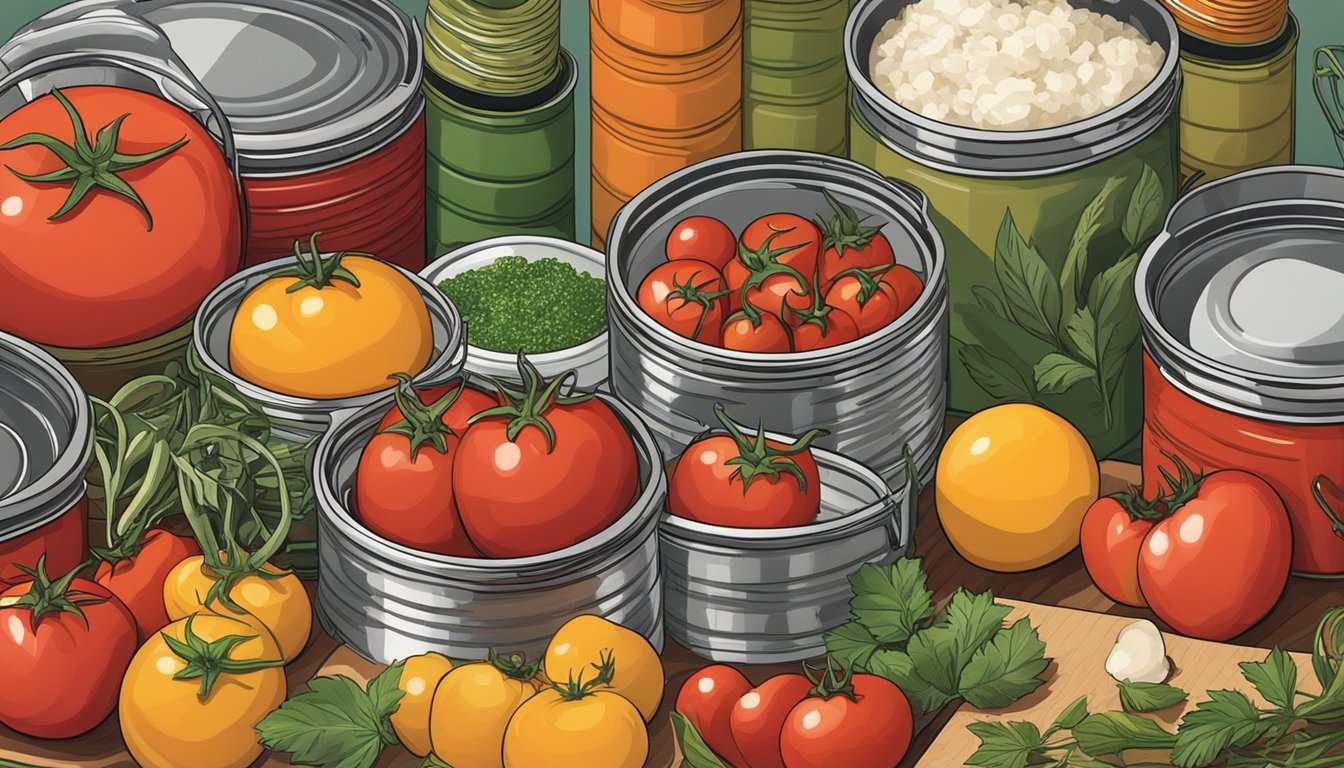 A colorful array of canned tomatoes, herbs, and cooking utensils arranged on a kitchen countertop