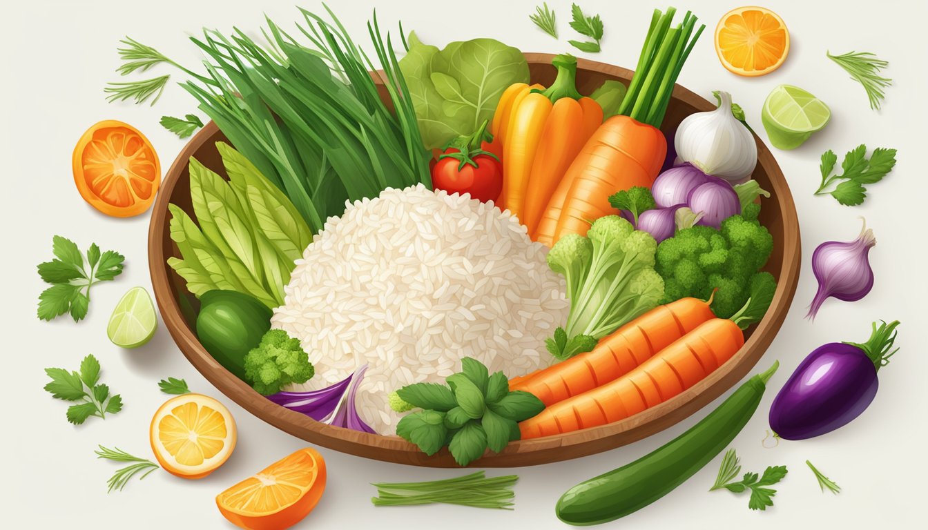 A colorful array of fresh vegetables, grains, and herbs arranged around a central bowl of steaming rice, creating a vibrant and inviting composition