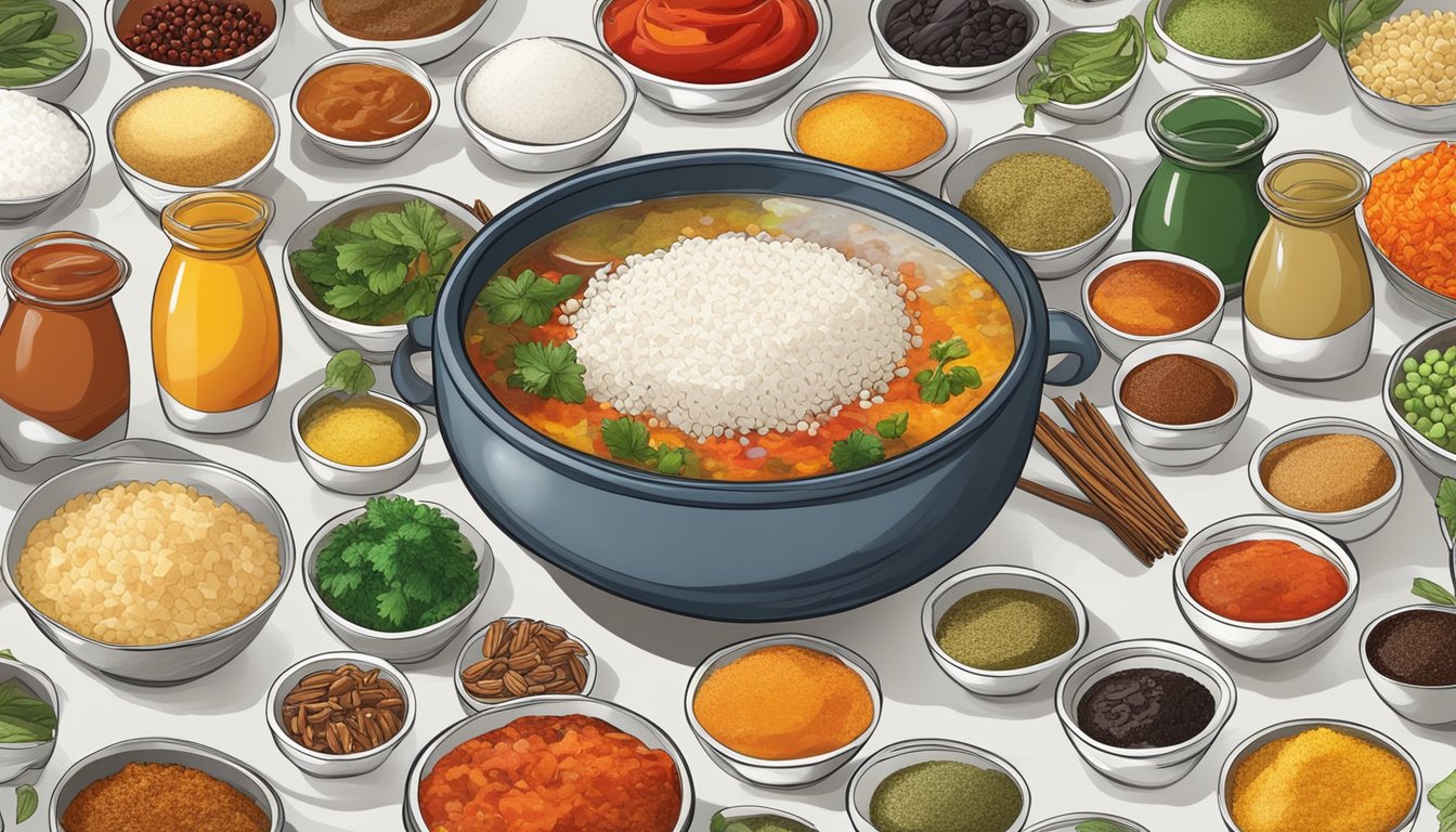 A colorful array of sauces, spices, and fresh ingredients surround a bowl of steaming rice, ready to be mixed and enjoyed