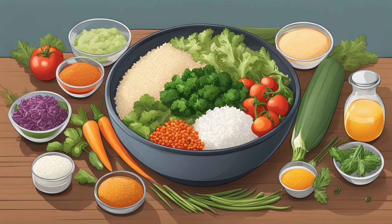 A colorful array of fresh vegetables and protein options arranged around a steaming bowl of rice, with jars of spices and sauces nearby