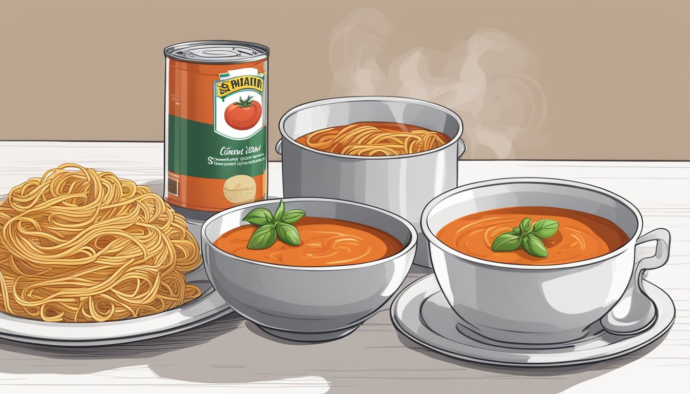 A steaming bowl of tomato soup sits next to a plate of spaghetti, with a can of soup and a box of pasta in the background