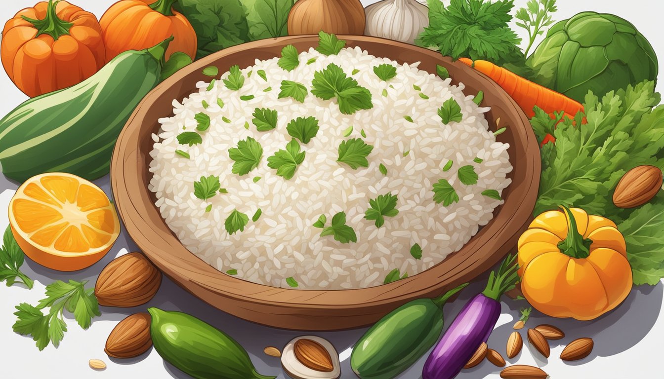 A colorful array of fresh vegetables, herbs, and nuts arranged around a vibrant bowl of garnished rice, all set against a clean, modern backdrop