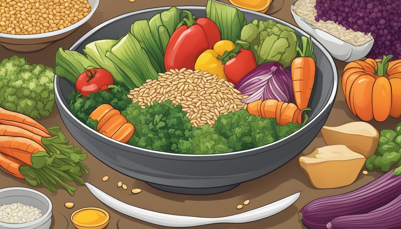 A colorful array of fresh vegetables, grains, and protein arranged in a decorative bowl, ready to be mixed into a delicious themed rice bowl