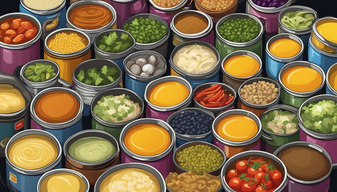 A colorful array of canned soups, fresh vegetables, and various spices arranged on a kitchen counter, with pots and pans ready for cooking