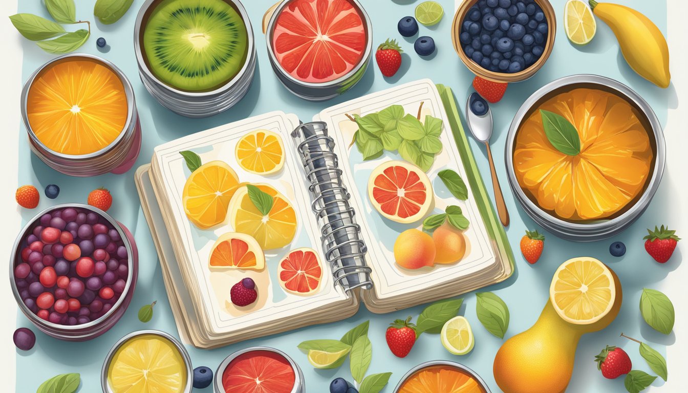 A colorful array of canned fruit varieties arranged around a mixing bowl, with a spoon and recipe book nearby