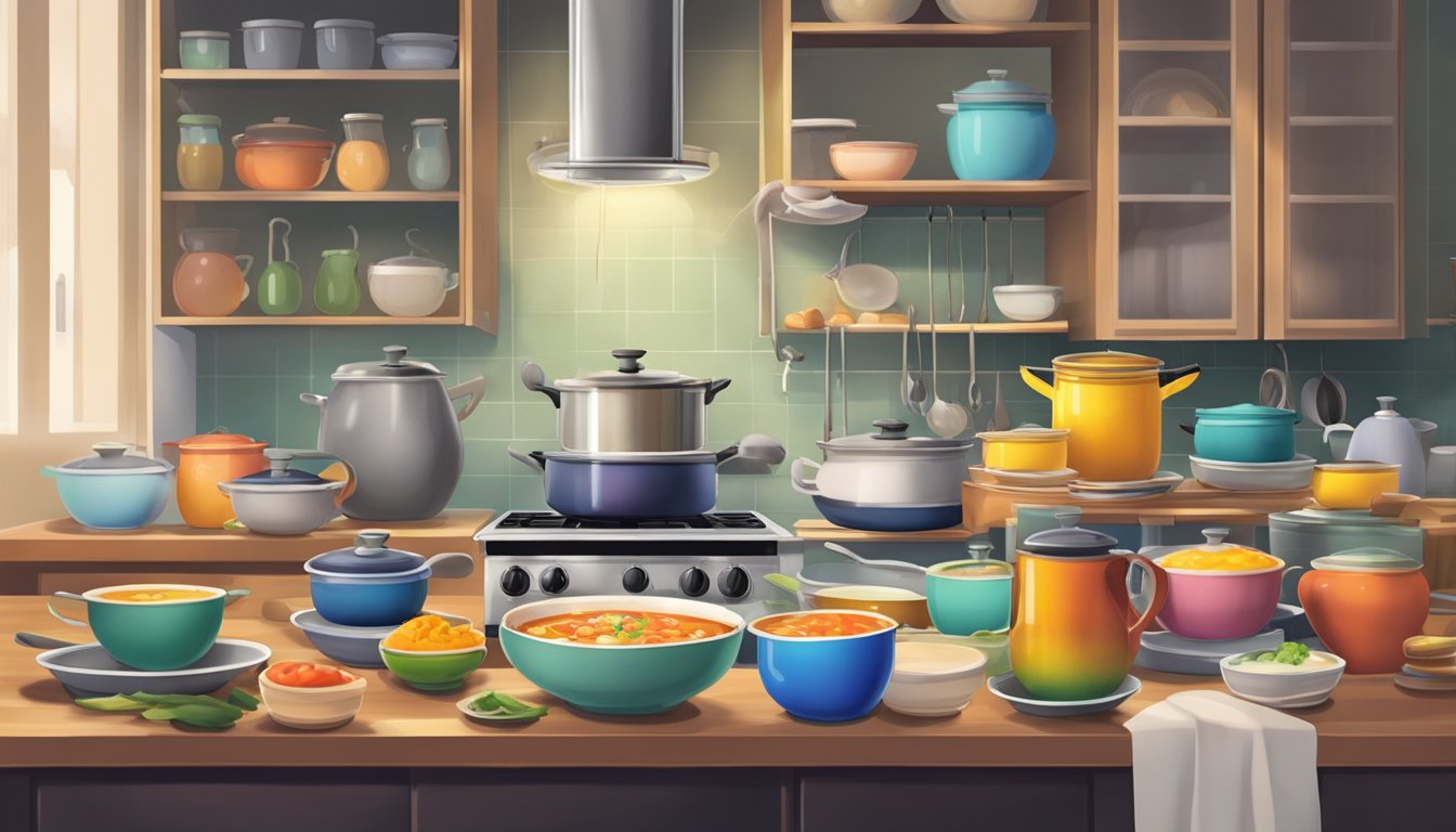 A cozy kitchen with open cabinets revealing rows of colorful soup cans, a bubbling pot on the stove, and a steaming bowl on the table