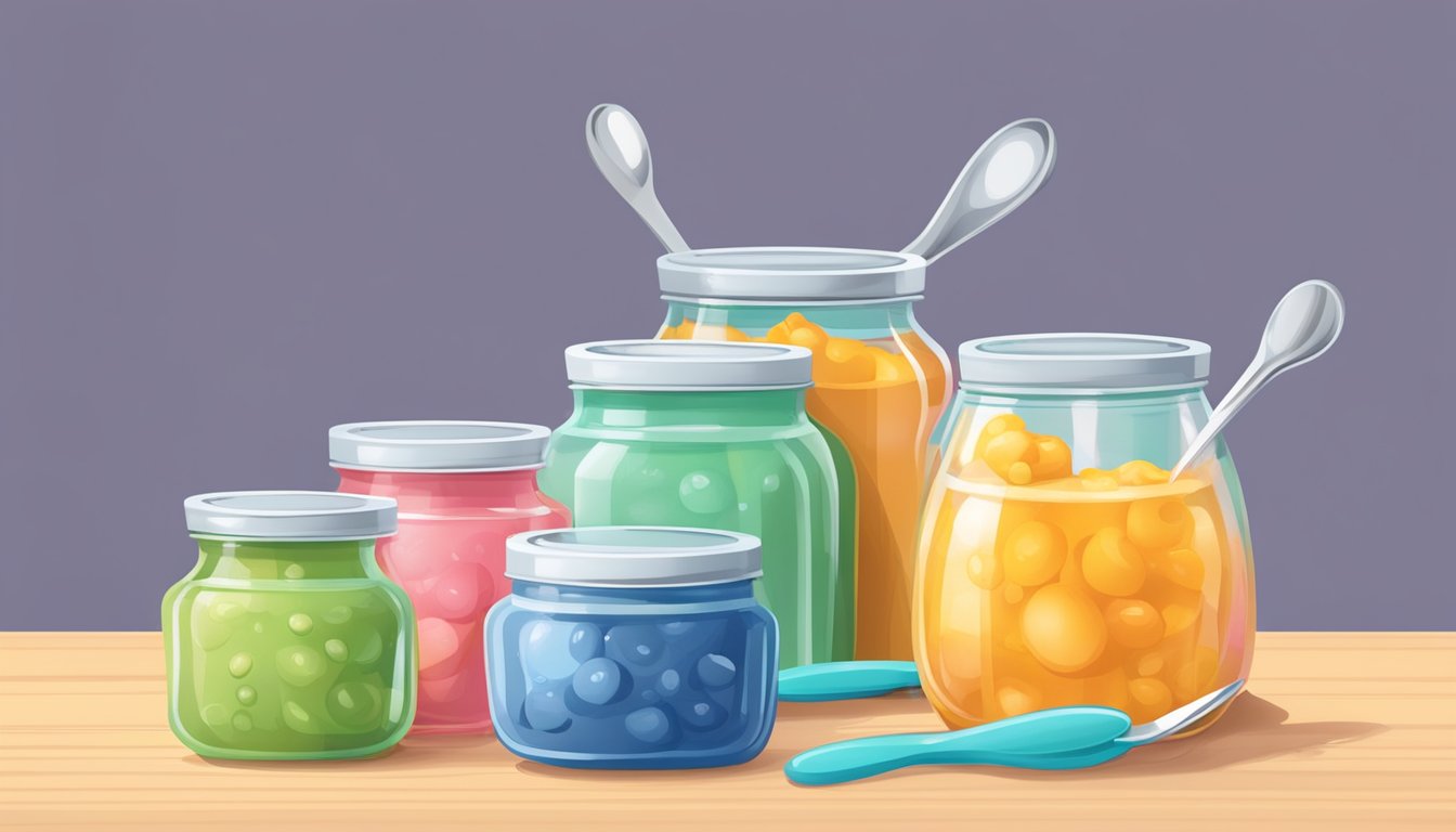 A table with jars of baby food surrounded by measuring spoons and a baby bottle